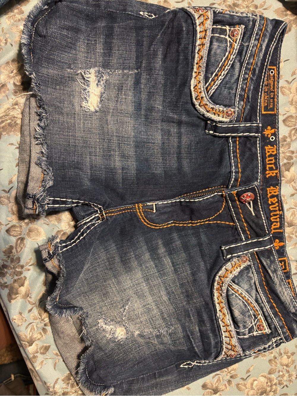 Rock Revival Dark Indigo Distressed Denim Cutoff Shorts with Orange Stitching